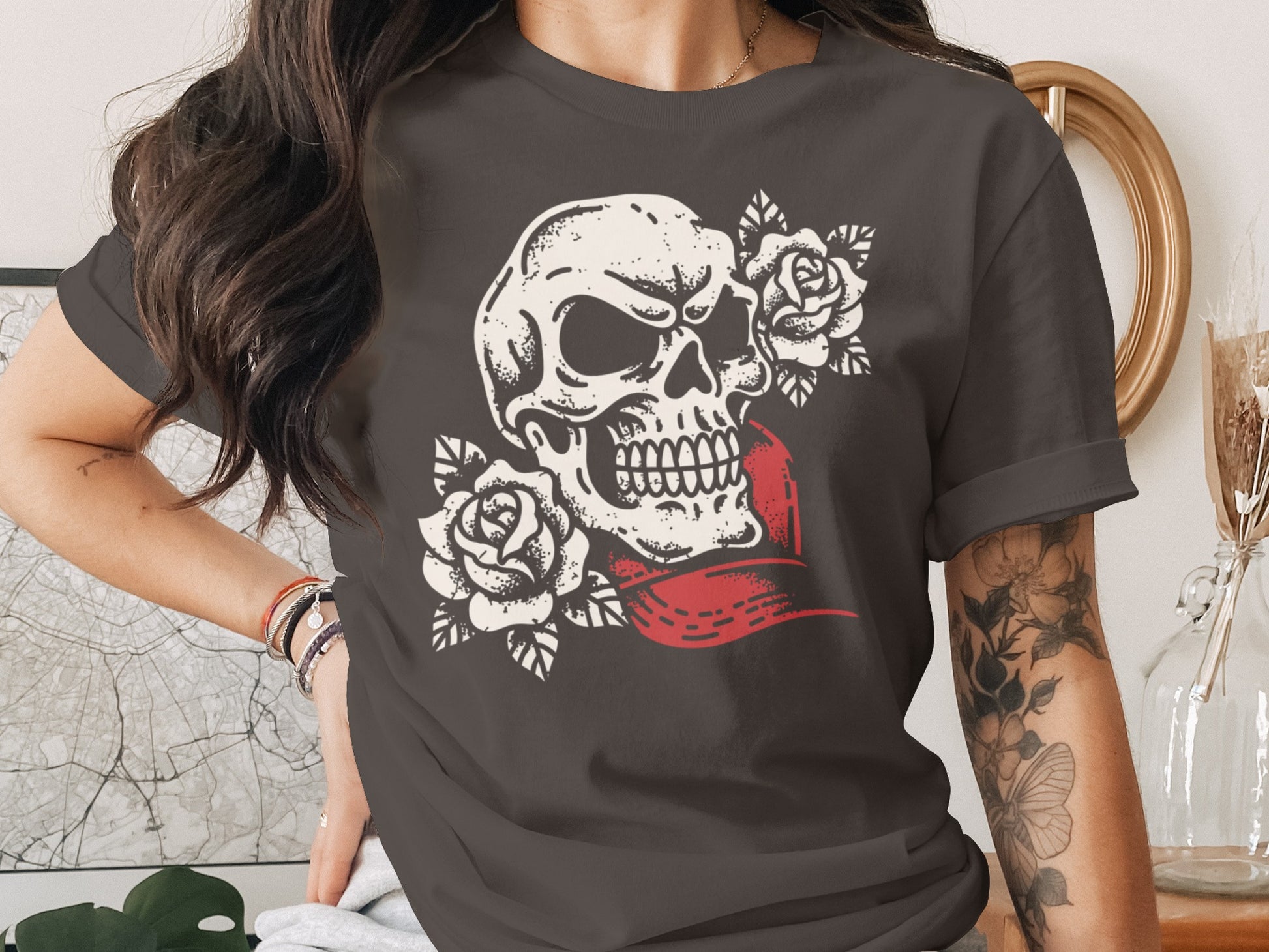 Skull Roses Red Ribbon Tattoo Style T-Shirt product type