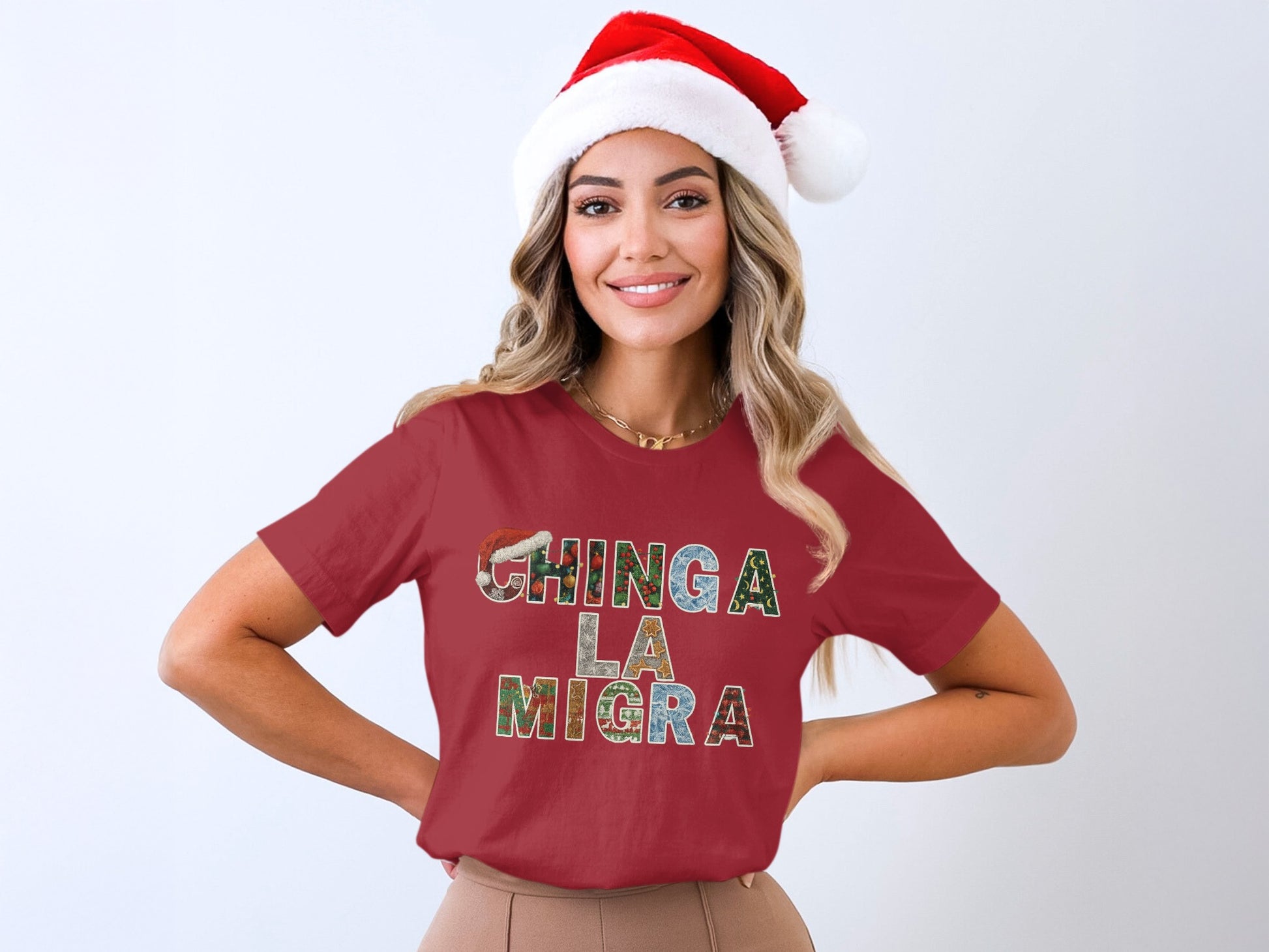 Festive Santa Hat Chinga La Migra Graphic T-Shirt
