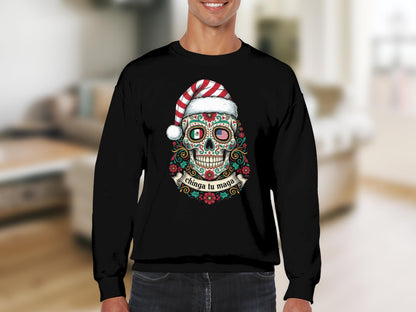 Festive Sugar Skull in Santa Hat Sweatshirt