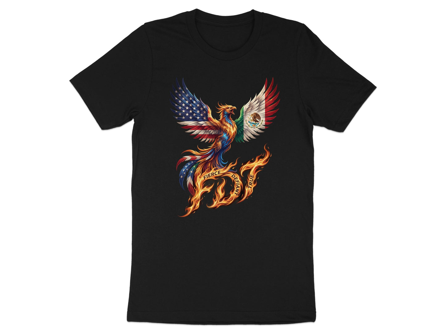 Black t-shirt with a patriotic phoenix logo combining US and Mexican flags.