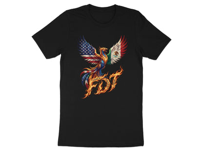 Black t-shirt with a patriotic phoenix logo combining US and Mexican flags.