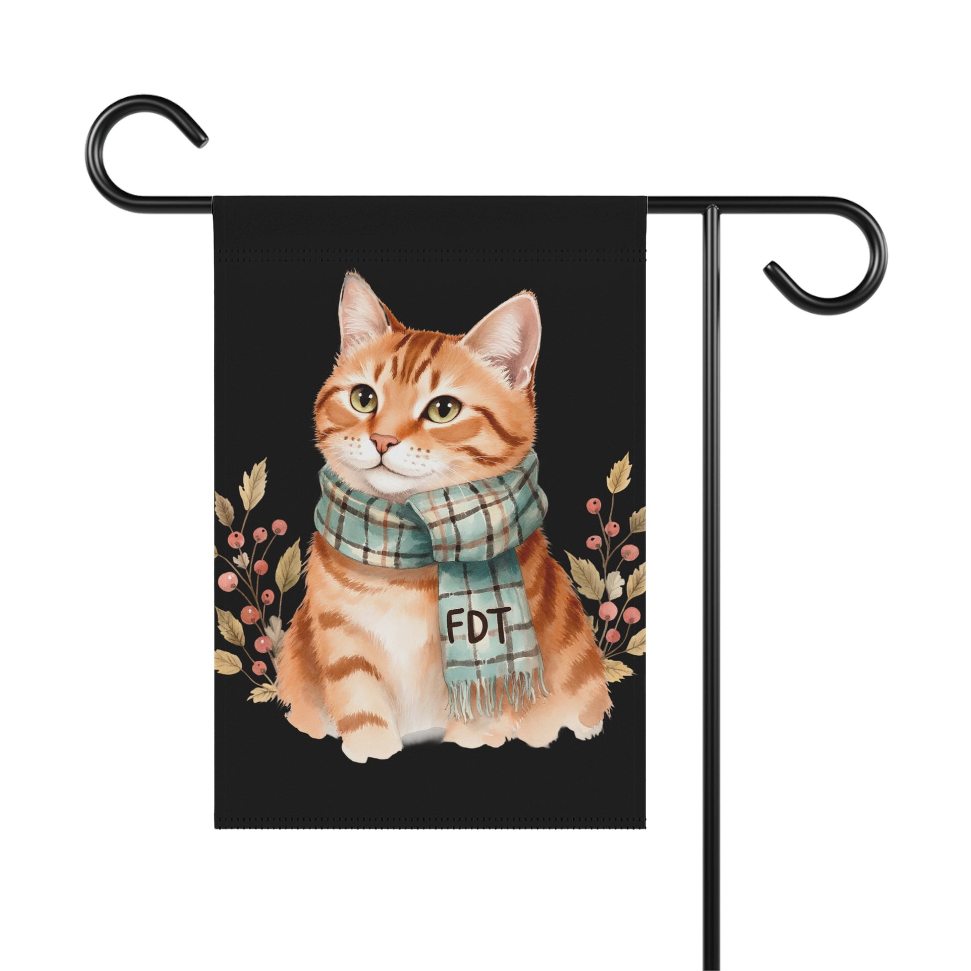 Cute Cat in Scarf Garden Flag with Floral Accent