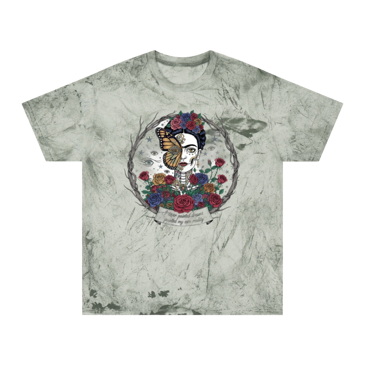 Artistic Skull Portrait with Butterflies Flowers T-Shirt
