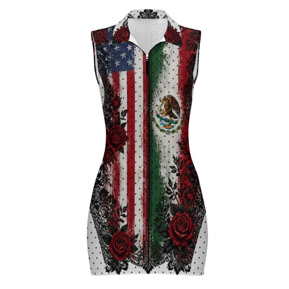 Mexican American Flag Dress, Sleeveless Bodycon Zip Dress for Women, USA Mexico Roses