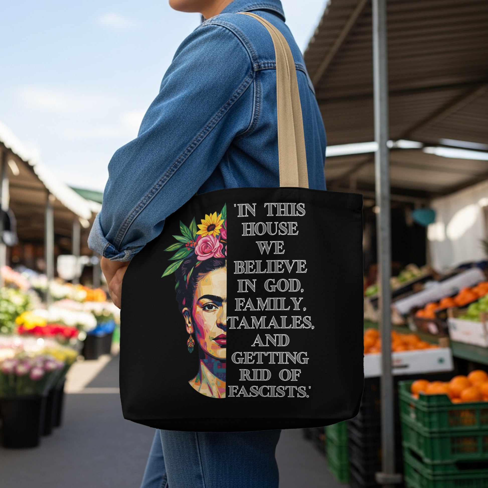 Tote bag featuring Frida Kahlo portrait and text about God, family, and fascists.