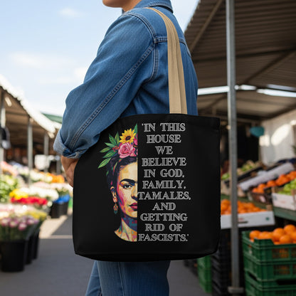 Tote bag featuring Frida Kahlo portrait and text about God, family, and fascists.
