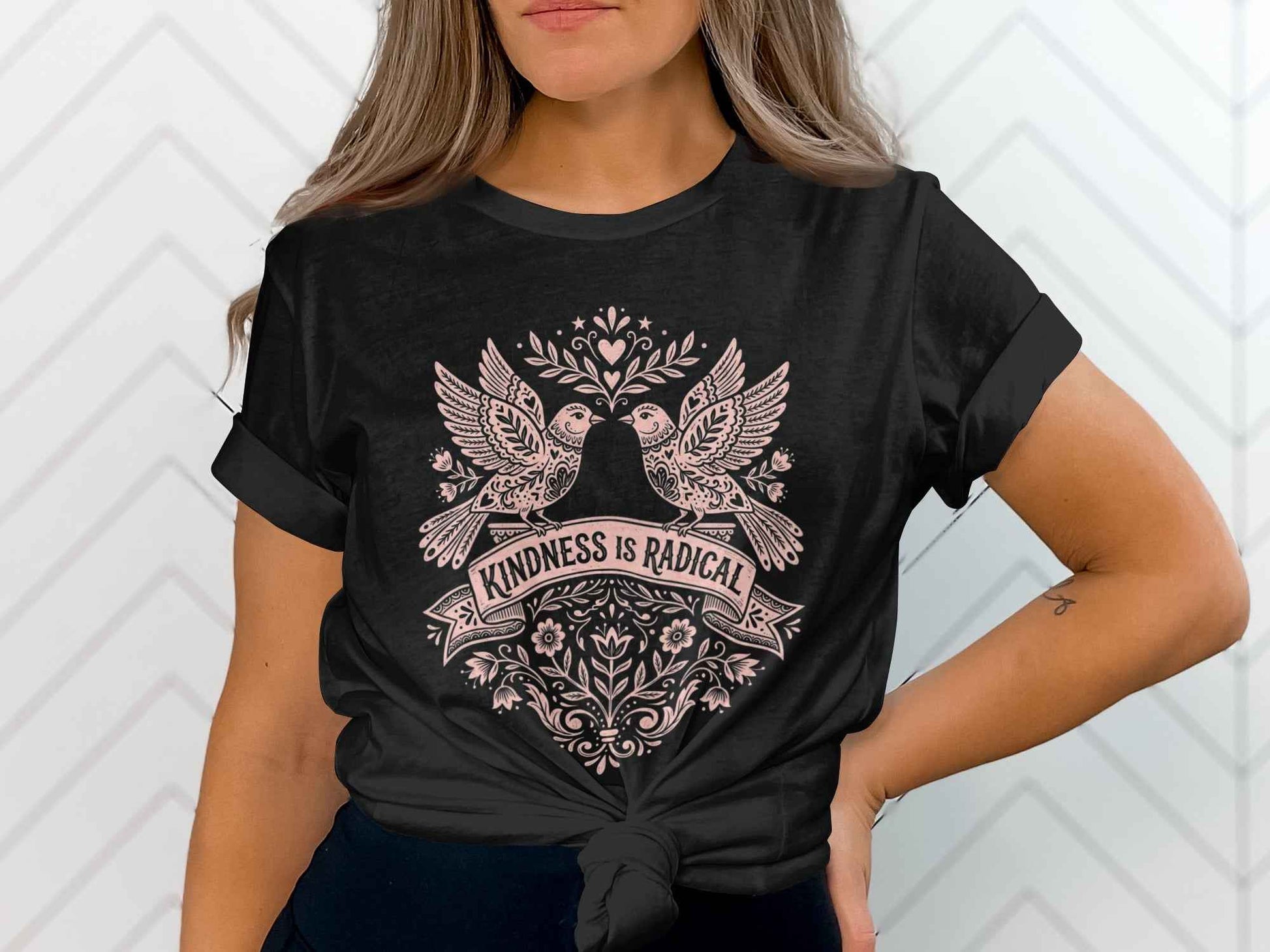 Kindness Is Radical T-Shirts, Empowering Folk Art Doves Design, Positive Message Floral Tee, Ornate Bird Lovers Graphic Top, Peace and Love