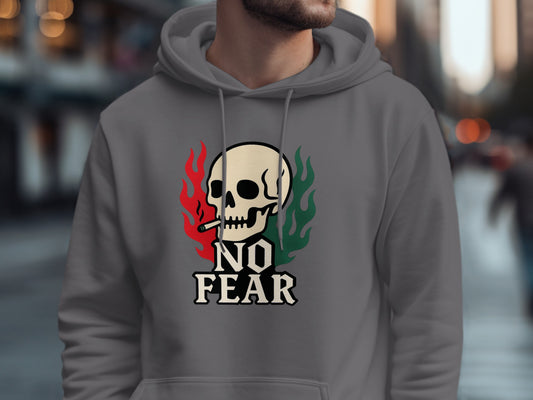 Striking Skull Design with No Fear Hoodie Product