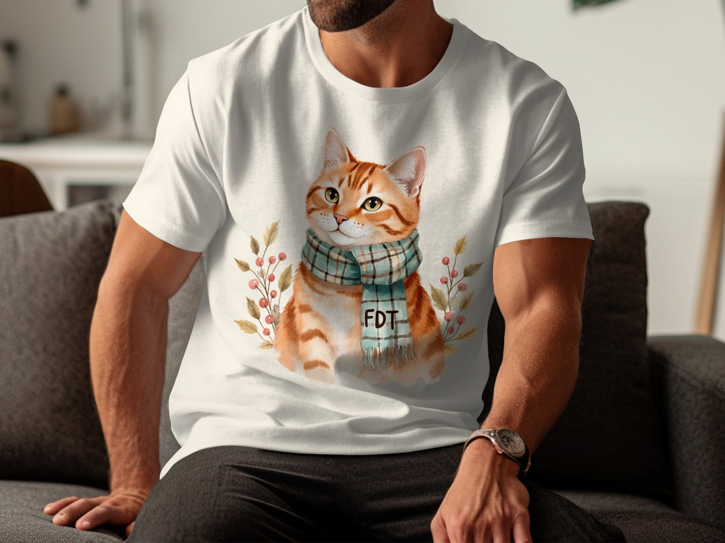 Cute Cat Illustration Wearing Scarf T-Shirt