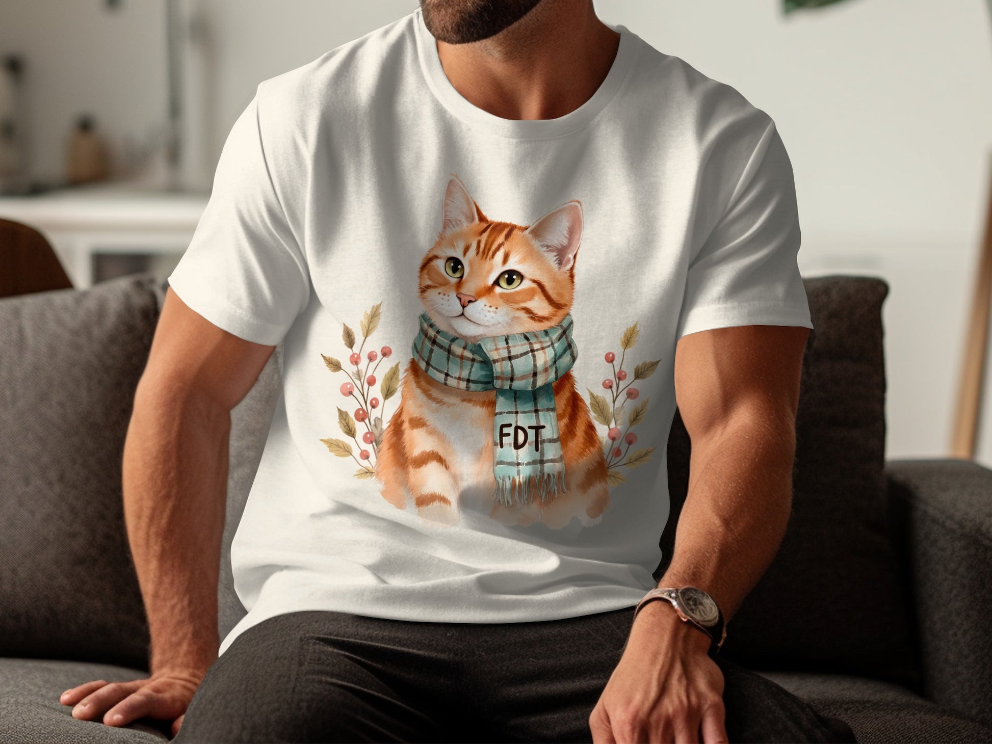Cute Cat Illustration Wearing Scarf T-Shirt