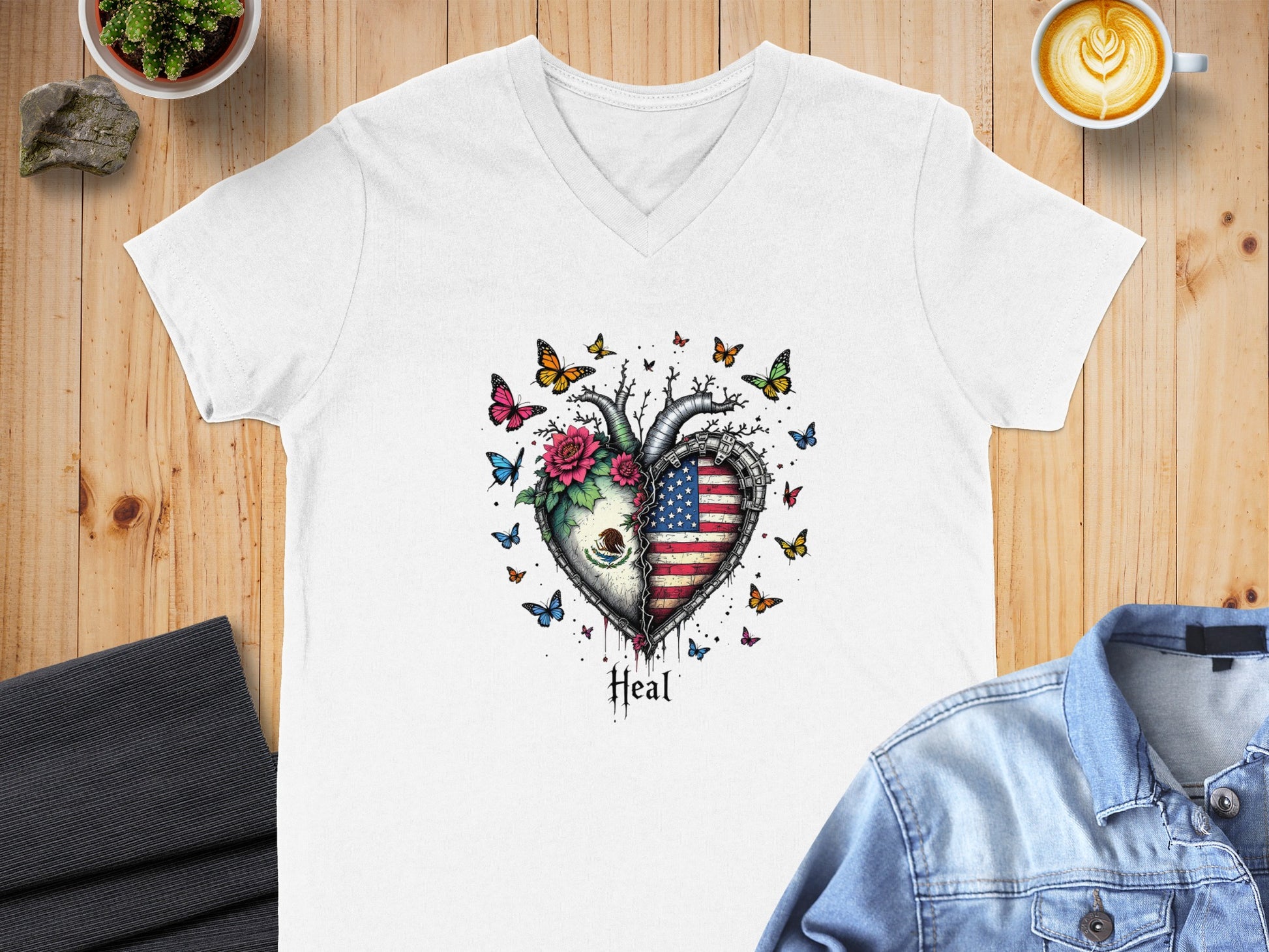 Heart Shaped Flag and Butterflies Printed Shirt Product