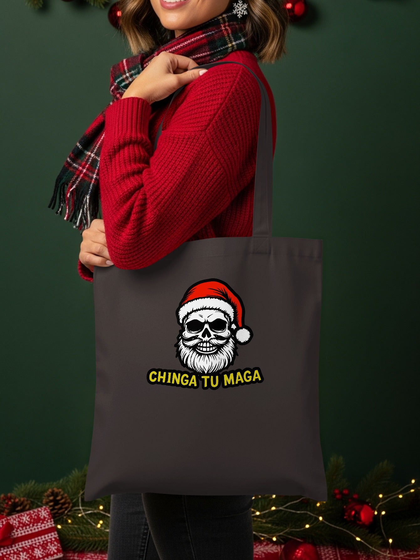 Chinga Tu Maga Skull Santa Holiday Tote Bag