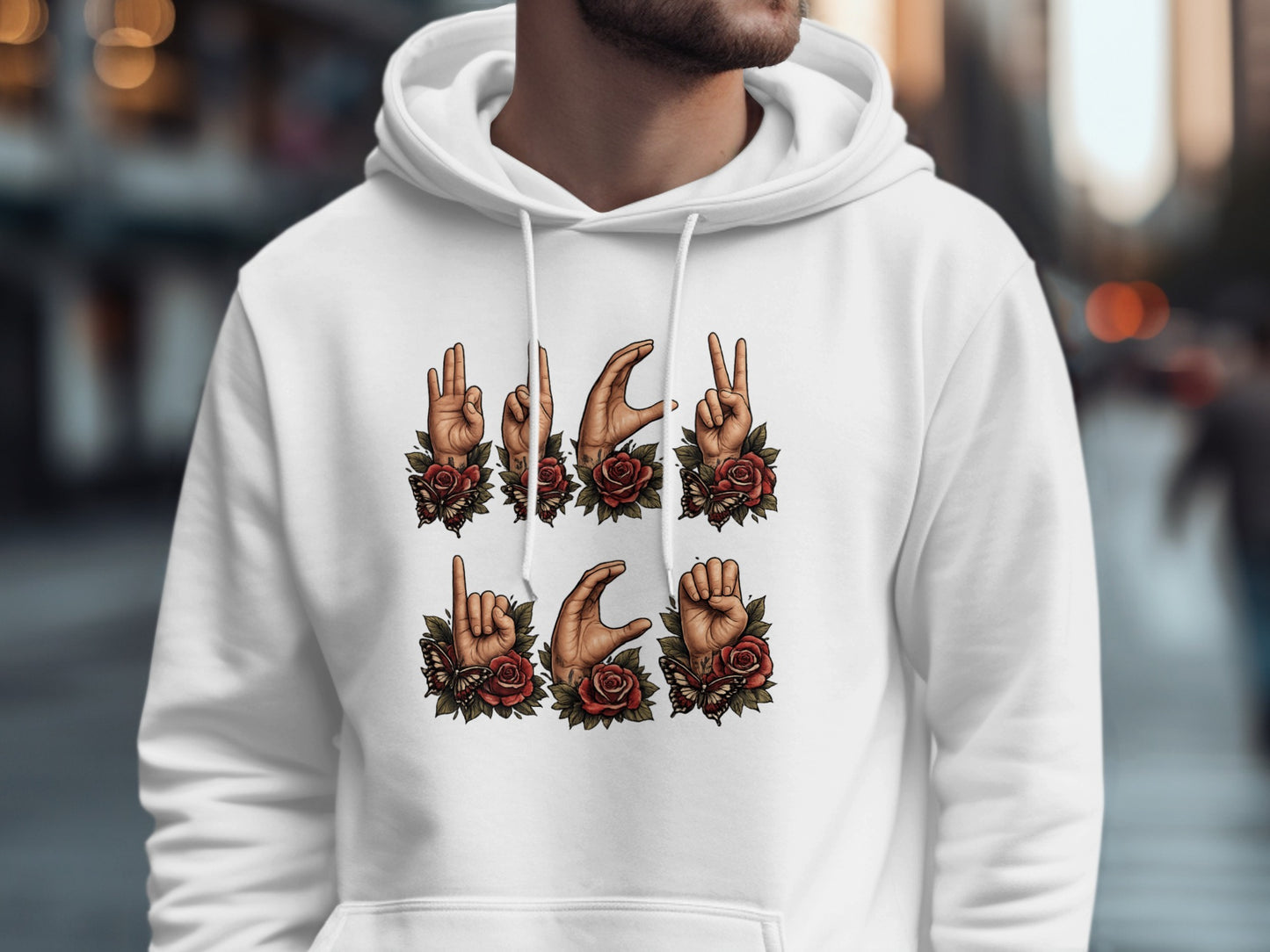 Sign Language Hand Sign Hoodie with Roses Design