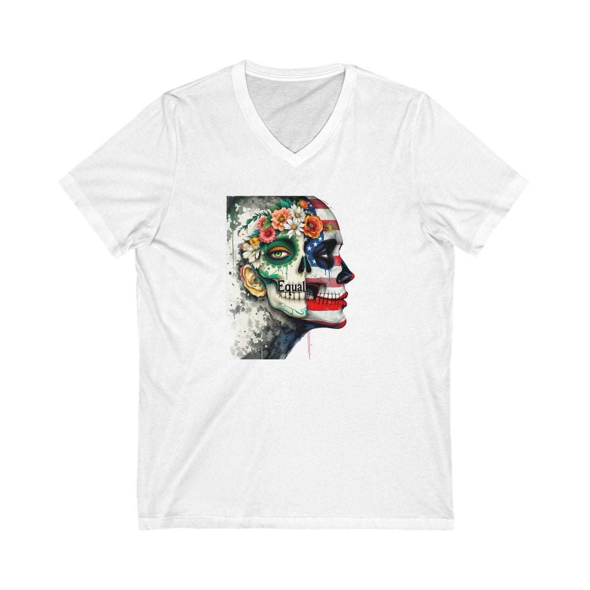 V-neck Tee with Colorful Skull and Floral Design product