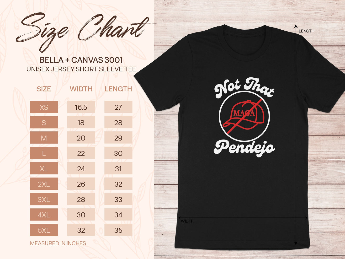 Size chart for a Bella + Canvas 3001 unisex t-shirt with width and length measurements.
