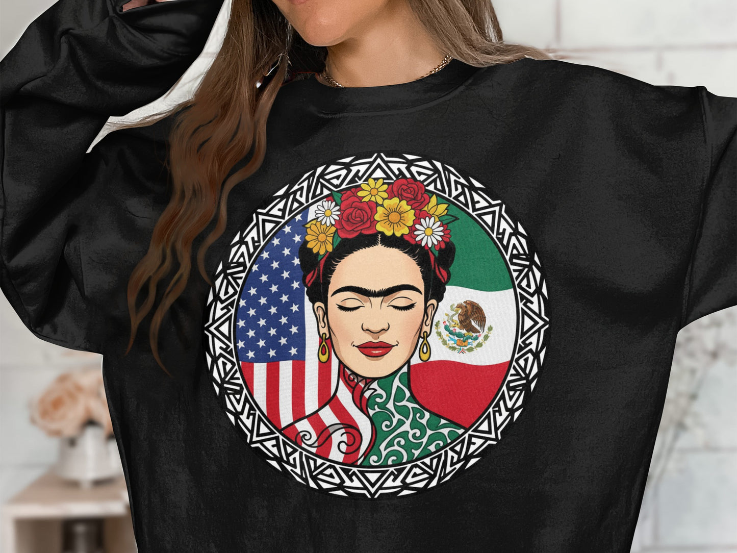 Frida Kahlo Art Sweatshirt Featuring Flags Design