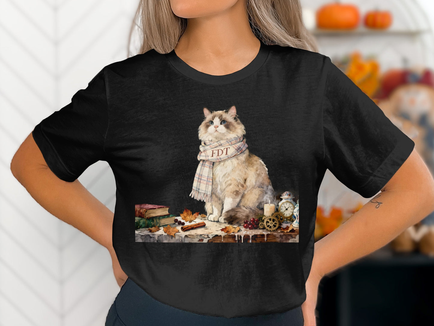 Charming Cat with Scarf and Clock Art Shirt
