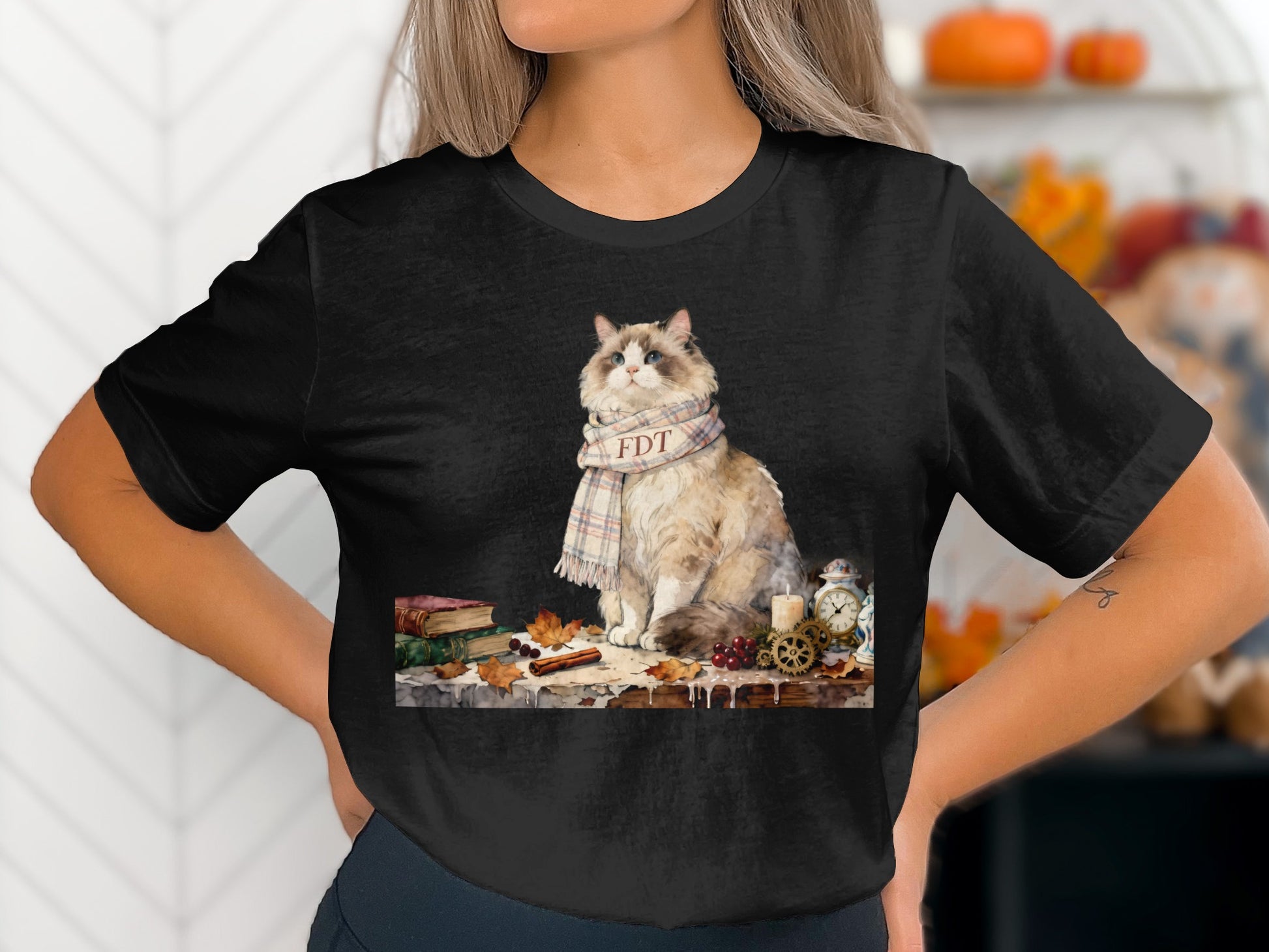 Charming Cat with Scarf and Clock Art Shirt