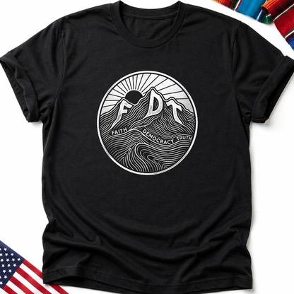 Black t-shirt with circular mountain and sun logo, reading "Faith Democracy Truth".