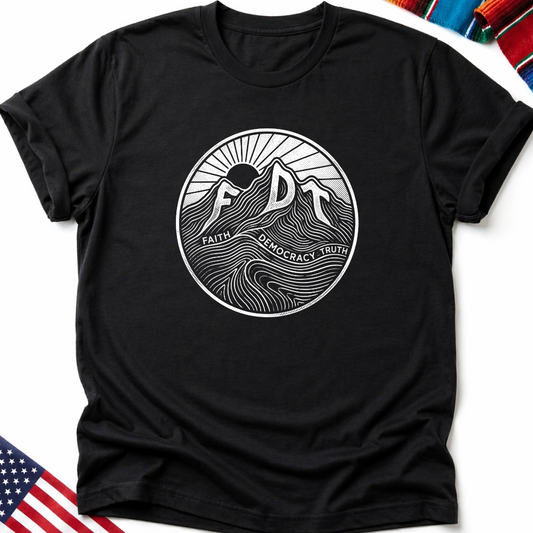 Black t-shirt with circular mountain and sun logo, reading "Faith Democracy Truth".