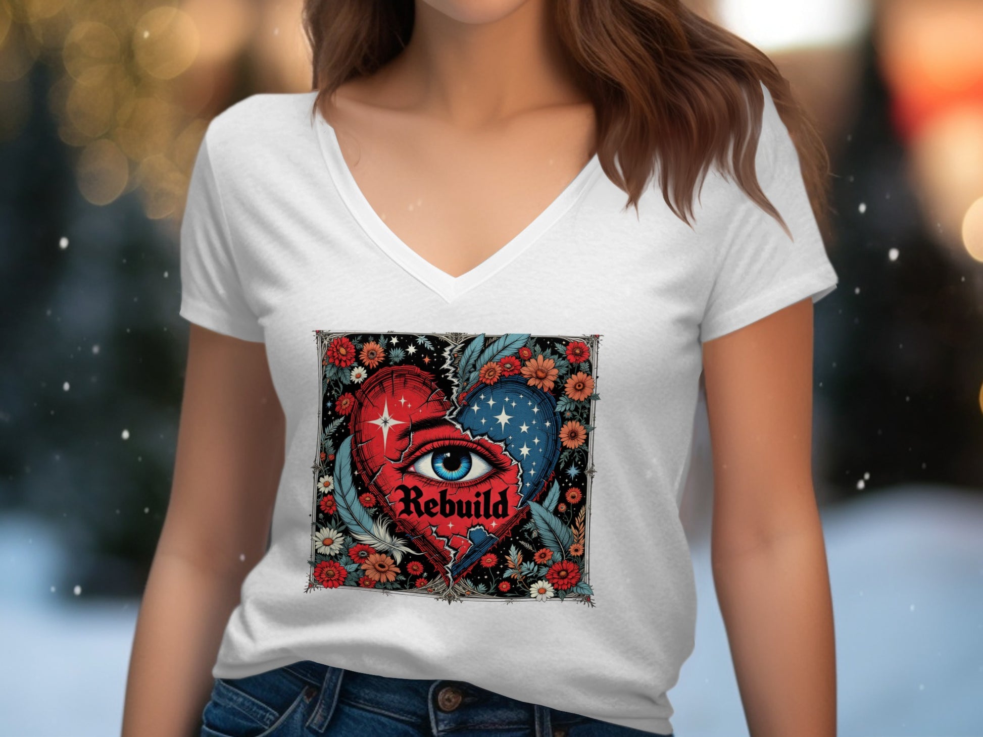 Rebuild Eye and Heart Floral Design V-neck T-shirt product