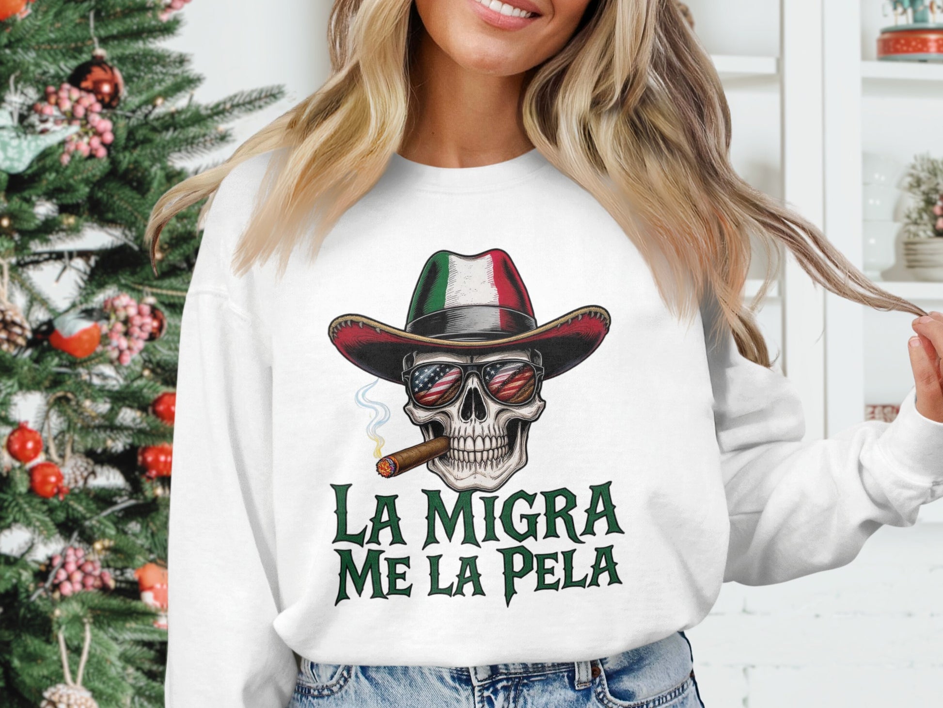 La Migra Me La Pela Skull Smoking Cigar Sweatshirt product