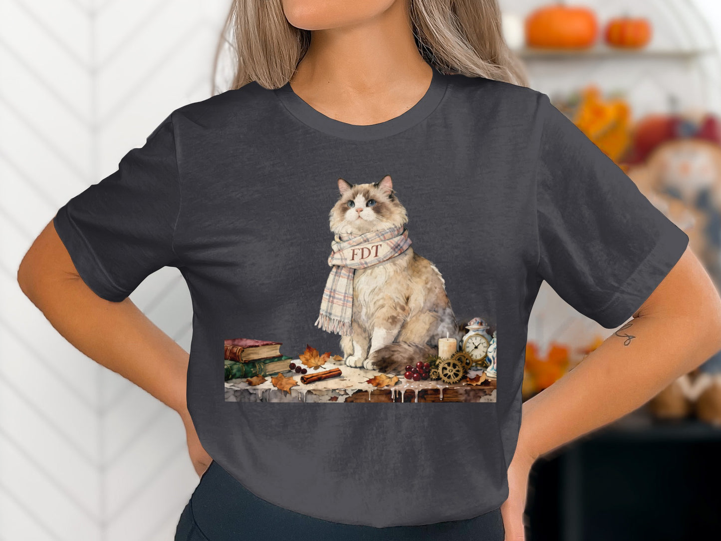 Charming Cat with Plaid Scarf Graphic T-shirt