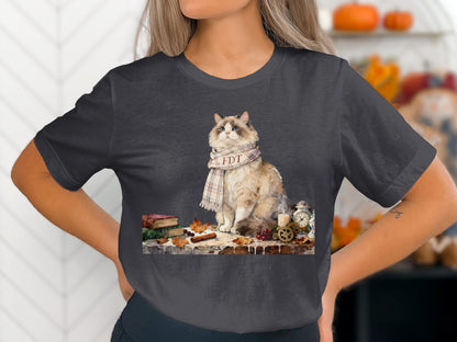 Charming Cat with Plaid Scarf Graphic T-shirt