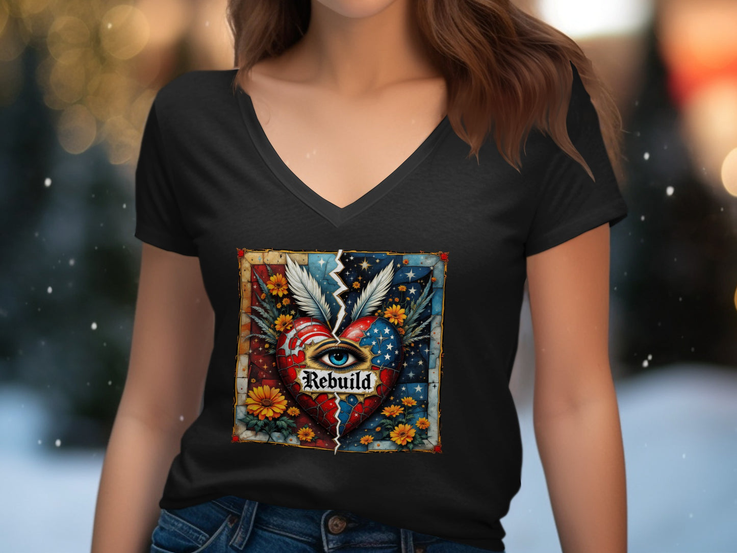 Rebuild Heart Eye Wings Art Flourish V-Neck T-Shirt product