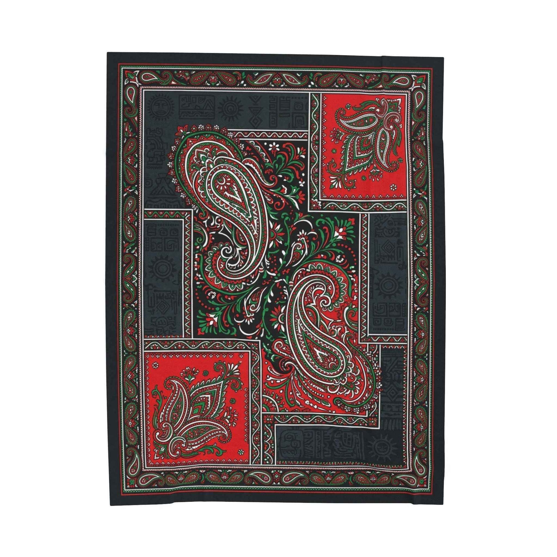 Vibrant Paisley Patchwork Blanket, Bohemian Red Black Green Throw, Intricate Ethnic Design, Artistic Folk Art Print, Unique Cozy Blankets