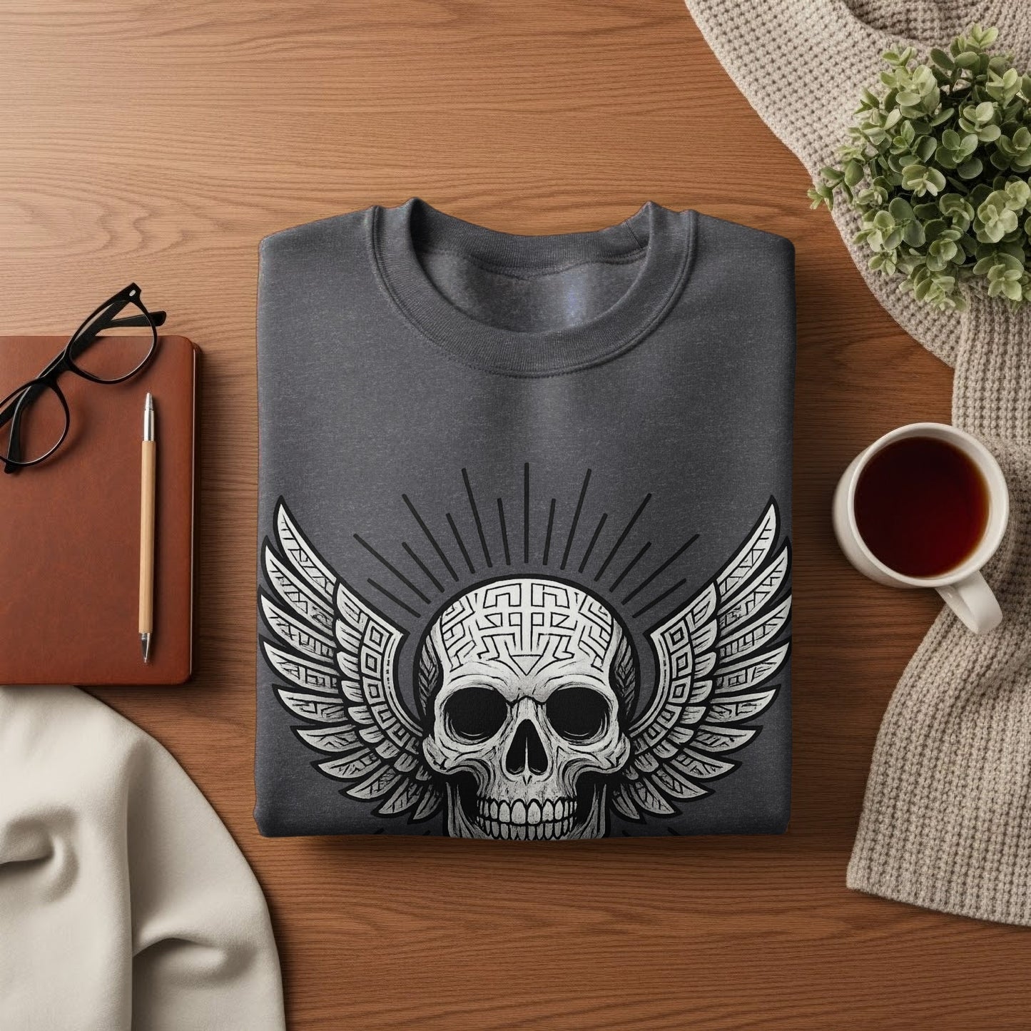 Winged Skull Design Crewneck Pullover Sweater product