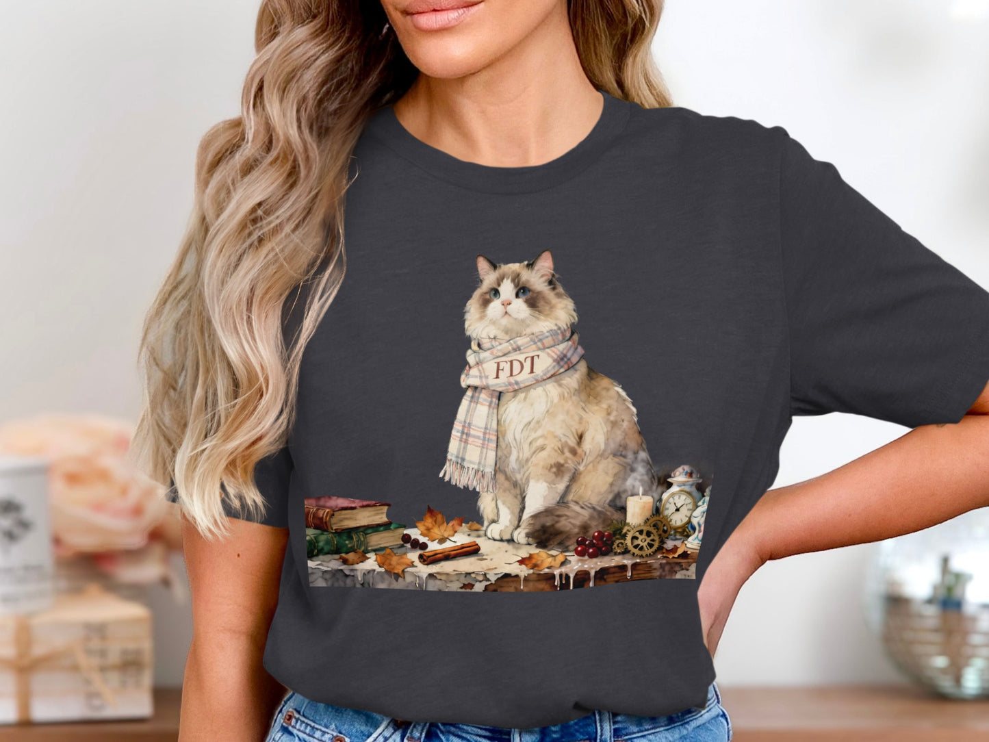 Cute Cat with Books and Scarf TShirt Fashion Apparel