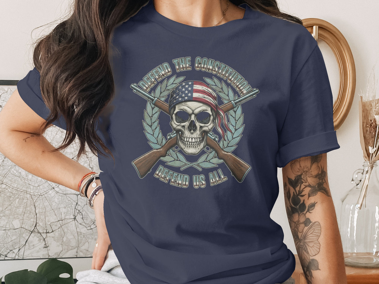 Defend The Constitution Skull and Rifles Graphic Shirt