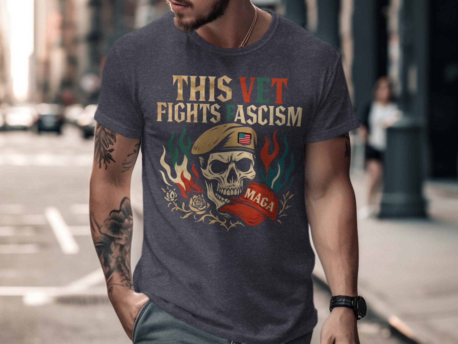 This Vet Fights Fascism Skull Graphic Shirt product type