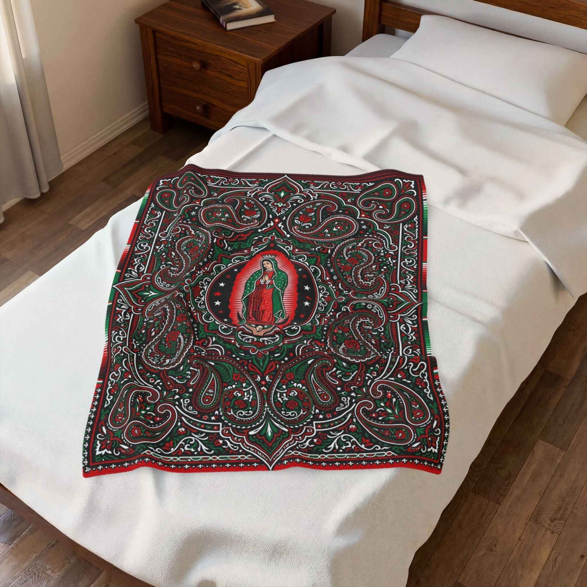 Our Lady of Guadalupe Blankets, Virgen de Guadalupe Mexican Art, Red Green Black Paisley Floral Throw, Chicano Catholic Devotional Decor