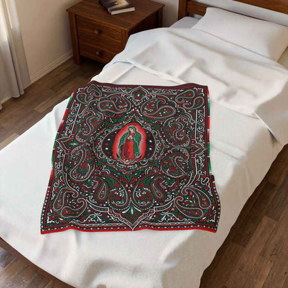 Our Lady of Guadalupe Blankets, Virgen de Guadalupe Mexican Art, Red Green Black Paisley Floral Throw, Chicano Catholic Devotional Decor