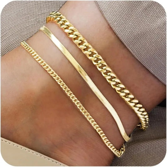 Elevate Your Style with Waterproof 14K Gold Plated Stainless Steel Anklets - Stunning Cuban Link, Figaro, Rope, and Snake Designs for Women and Girls