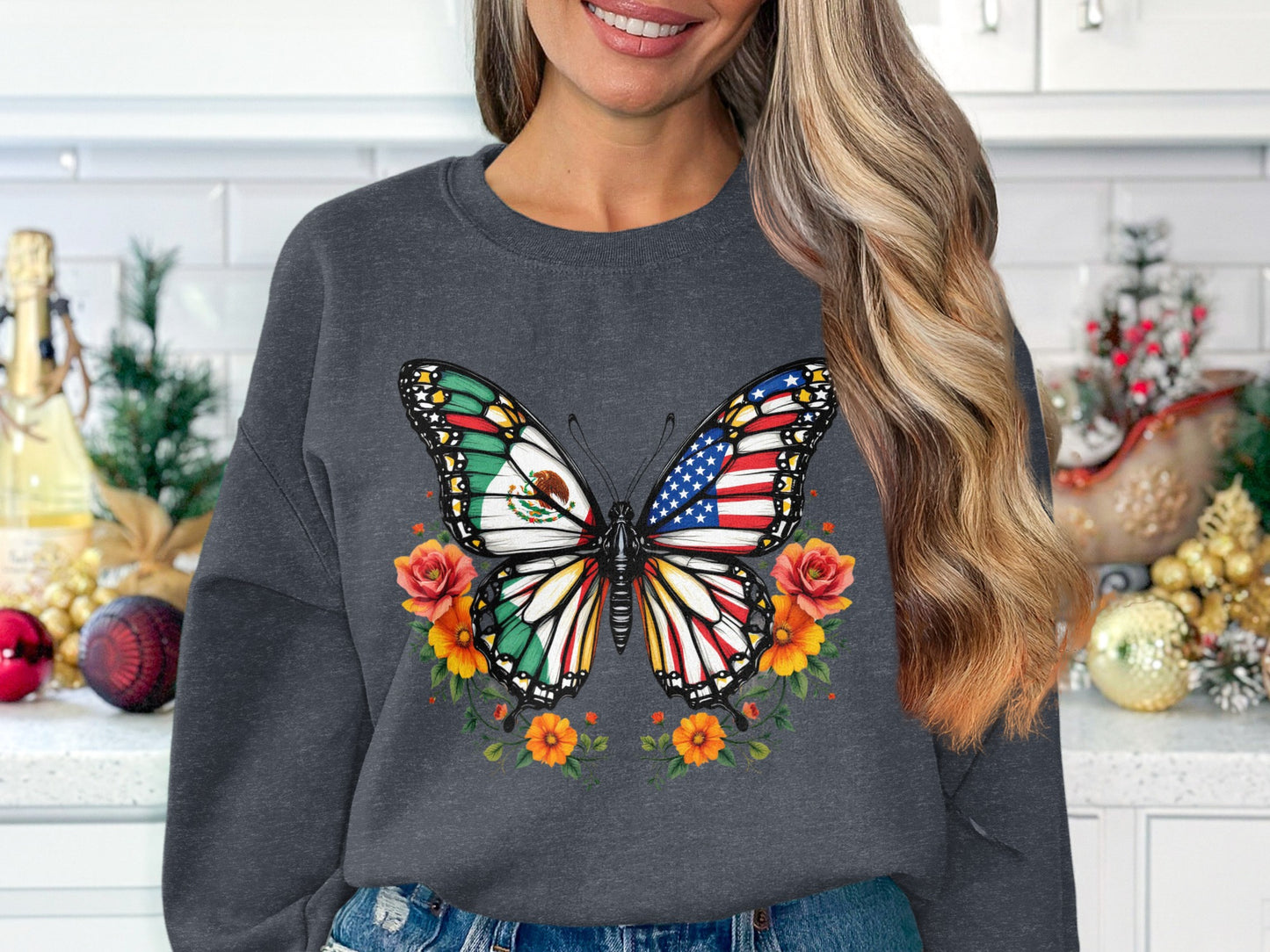 Butterfly Flag and Flowers Printed Sweater product