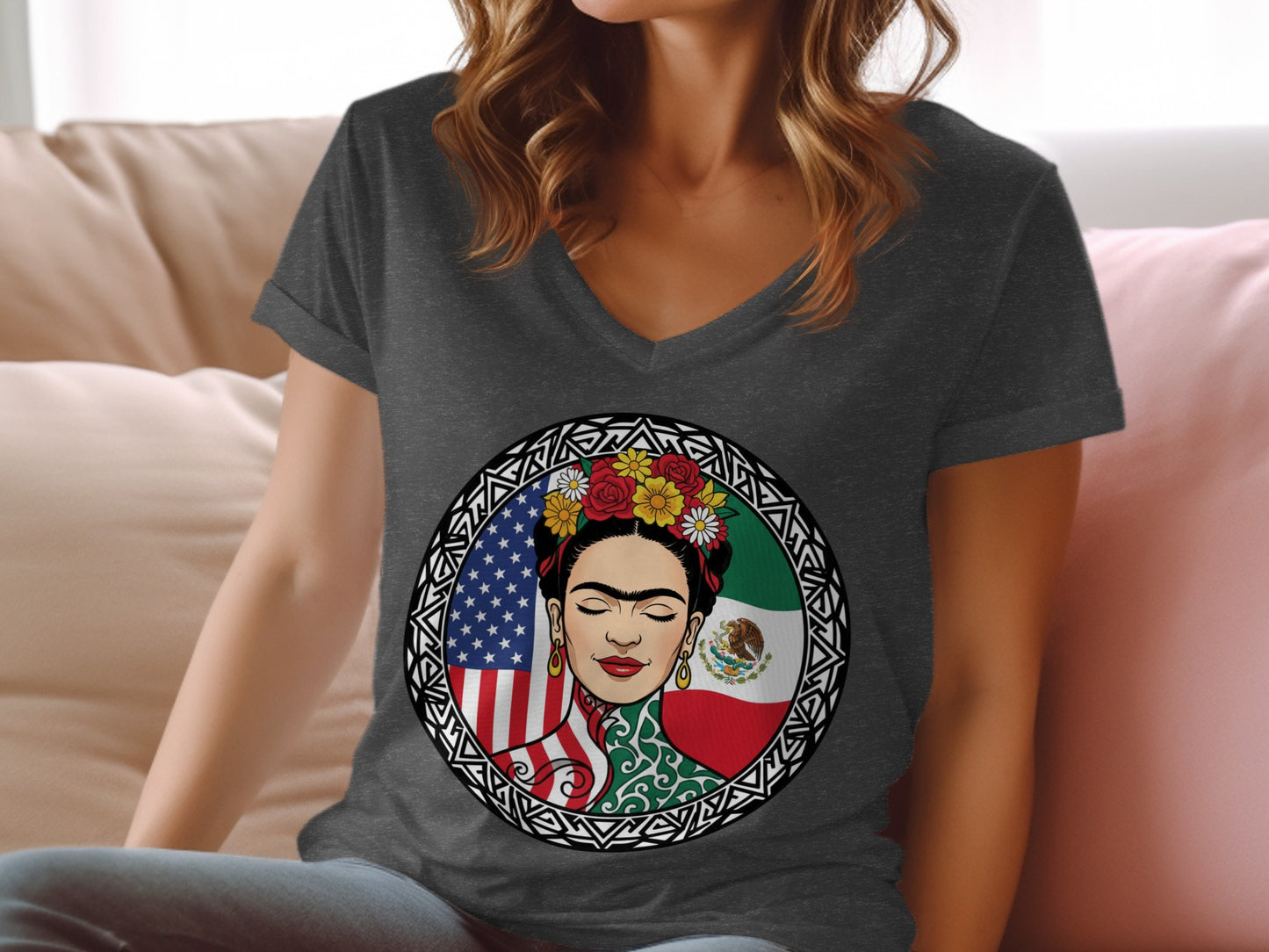 Frida Kahlo Mexican American Flag T-Shirt