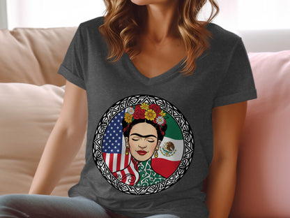 Frida Kahlo Mexican American Flag T-Shirt
