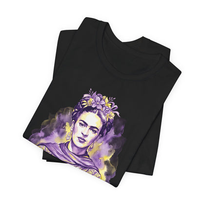 Black t-shirt with Frida Kahlo watercolor portrait and floral headband.