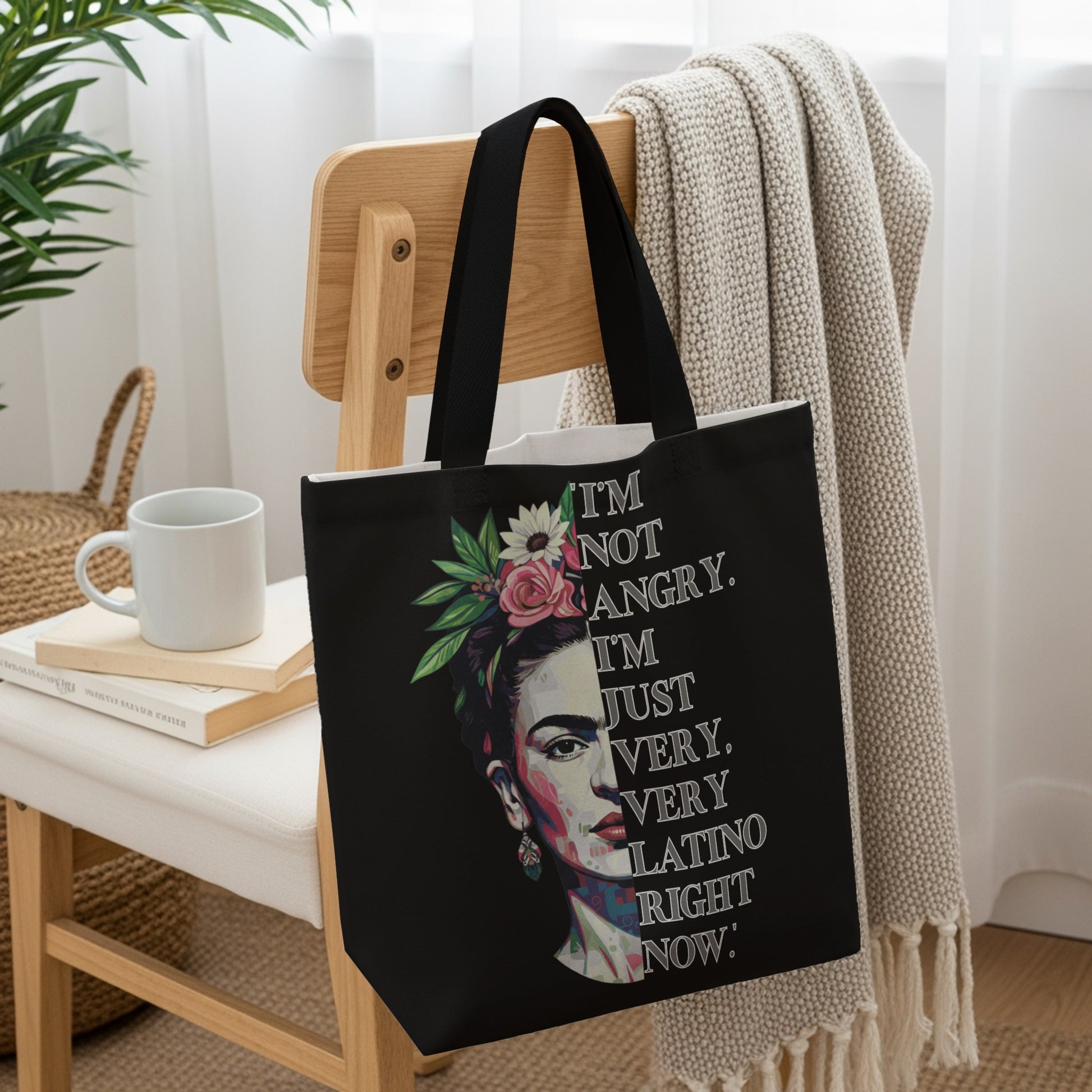 Tote bag with Frida Kahlo portrait and "I'm not angry. I'm just very, very Latino right now."