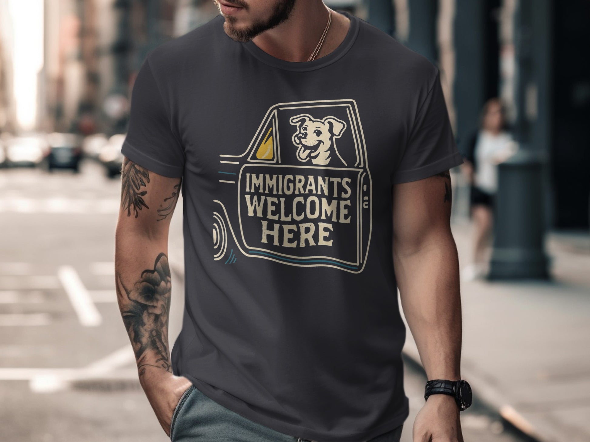 Immigrants Welcome Here Dog Graphic T-shirt