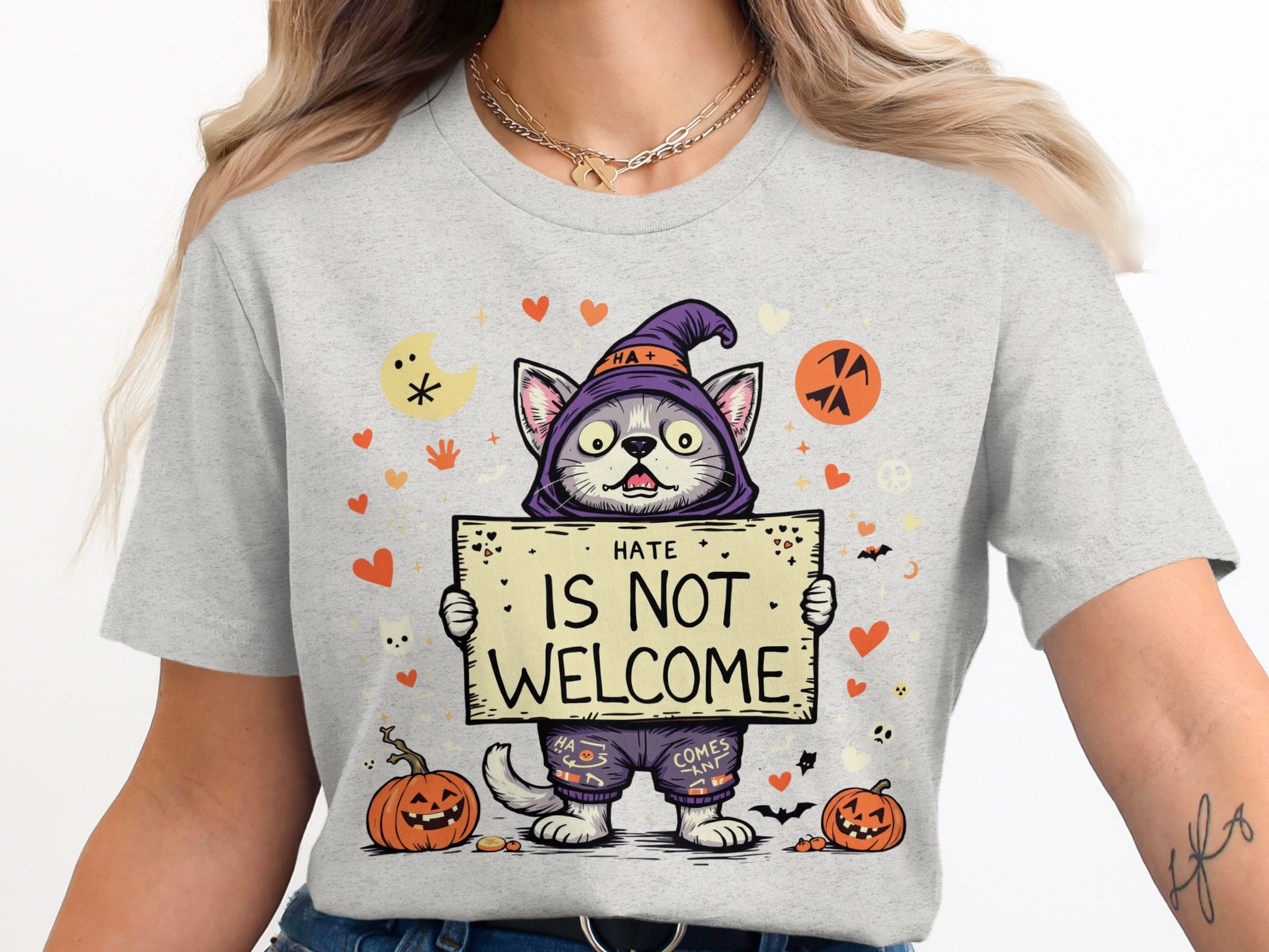 Cute Cat with Sign Print Halloween Shirt product type