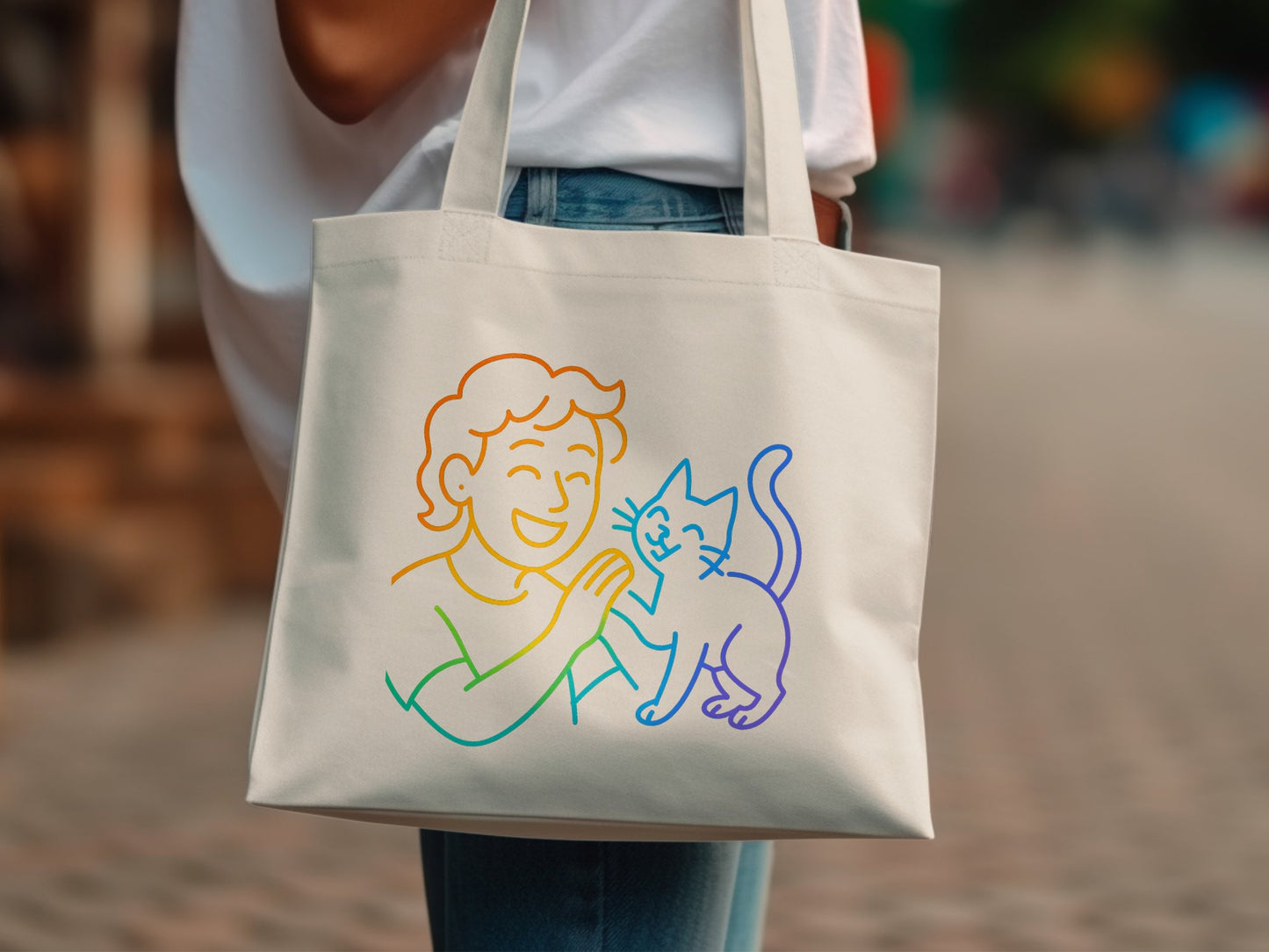 Fun Cat Lover with Rainbow Design Tote Bag product type