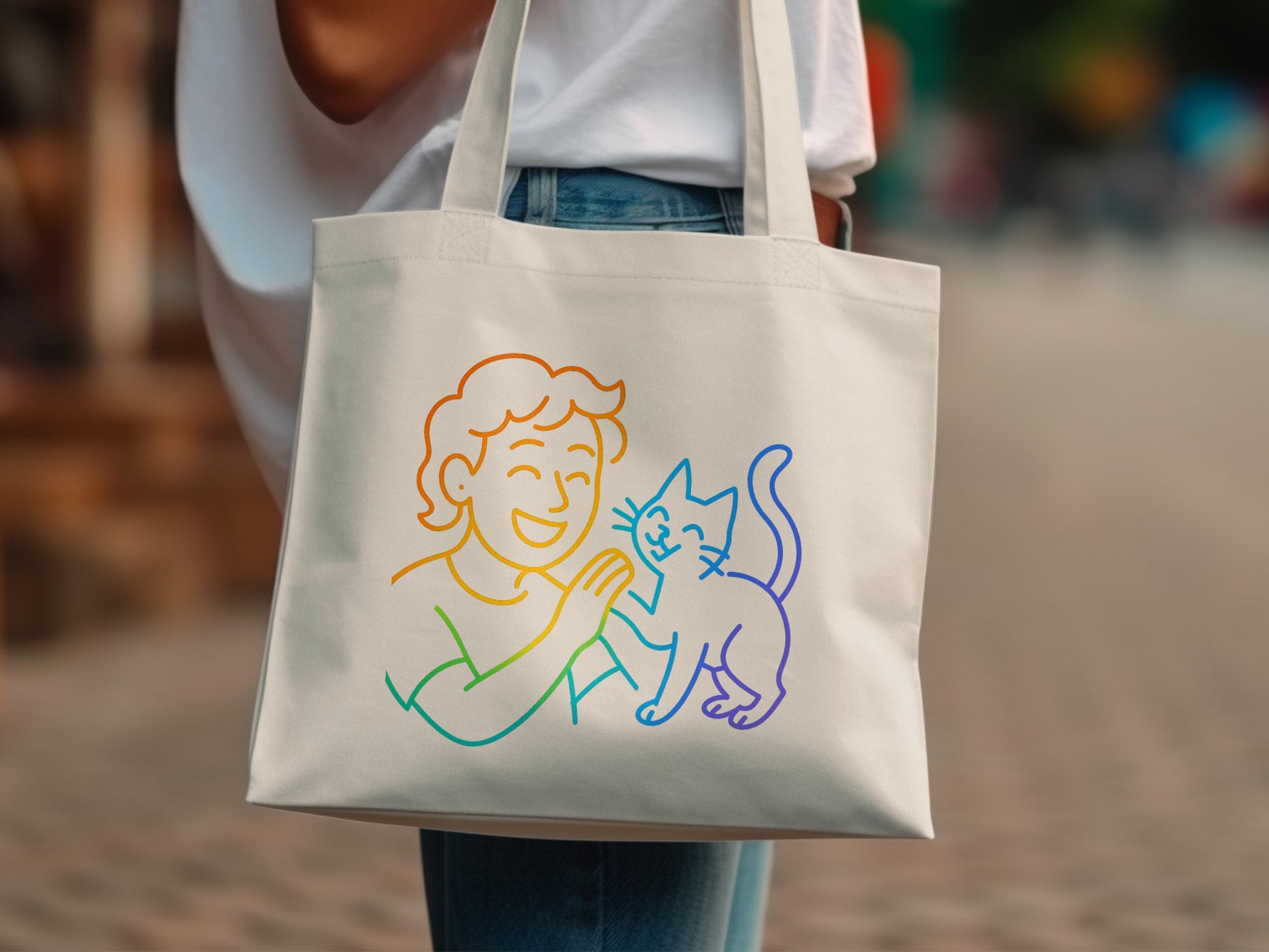 Fun Cat Lover with Rainbow Design Tote Bag product type