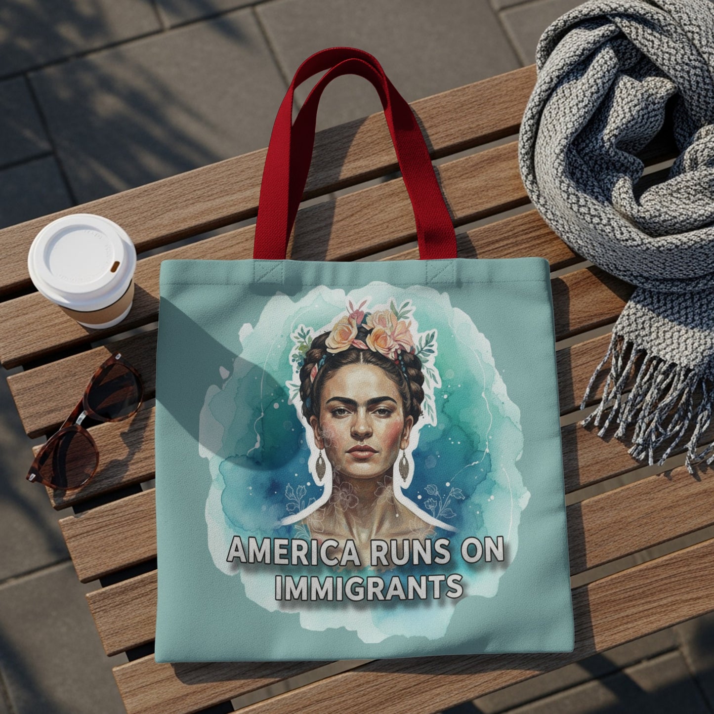 Tote bag featuring Frida Kahlo portrait with text "AMERICA RUNS ON IMMIGRANTS".