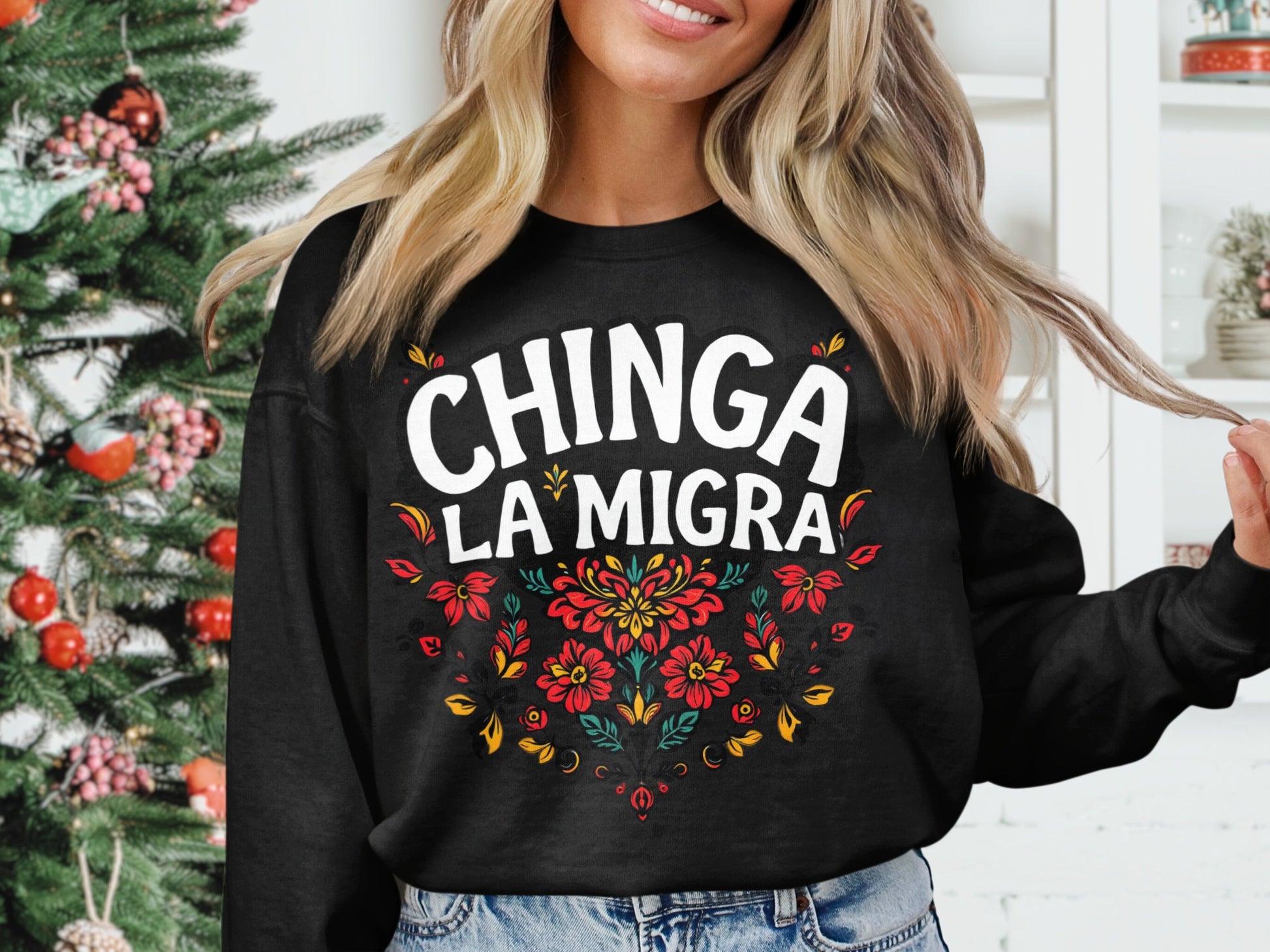Chinga La Migra Floral Design Statement Sweatshirt product