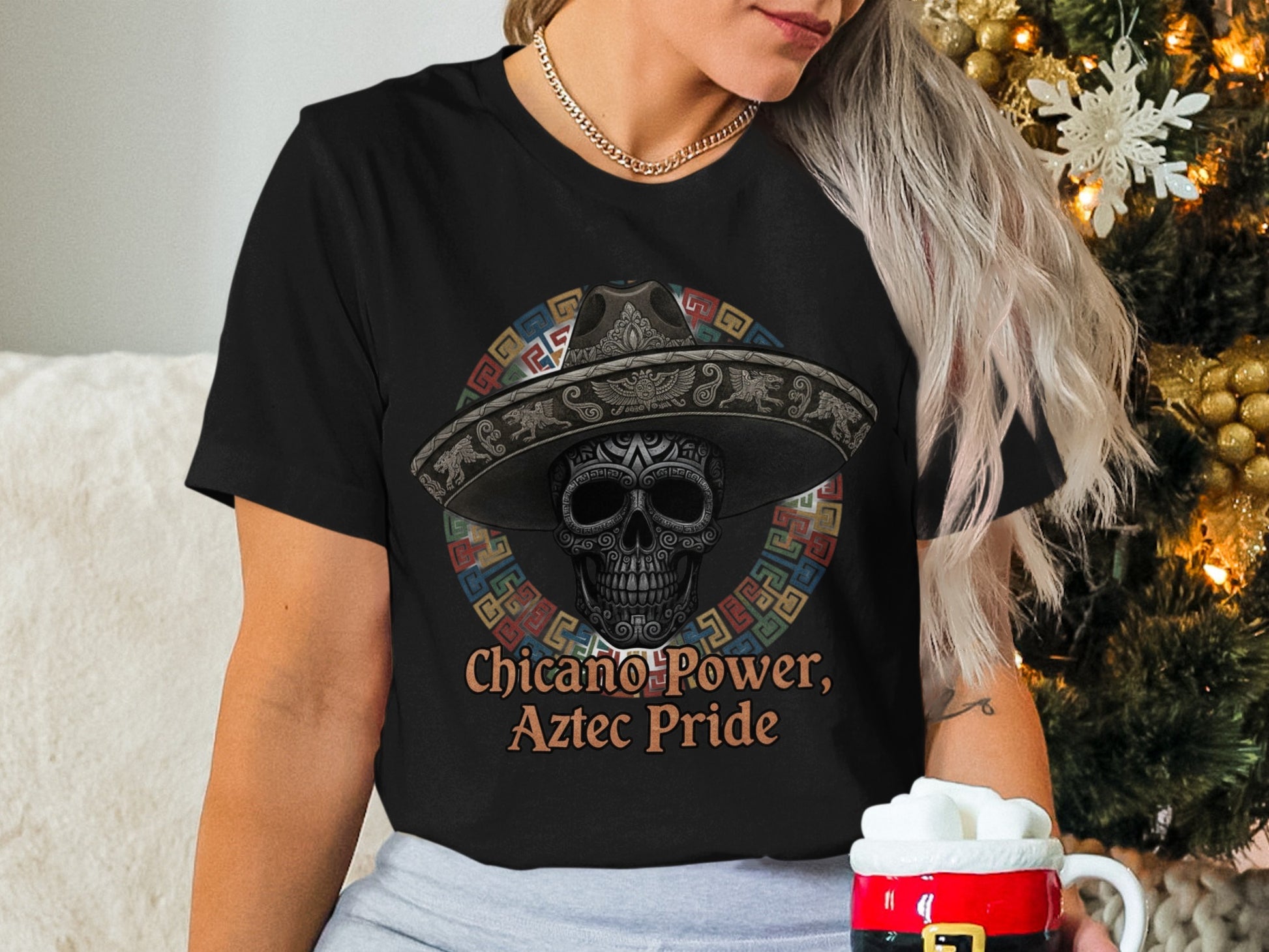 Chicano Power Aztec Pride Skull Hat Design T-Shirt