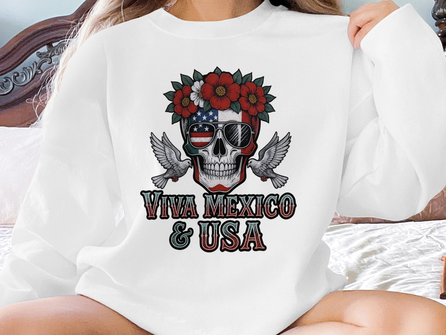 Viva Mexico and USA Skull and Flowers Sweatshirt product